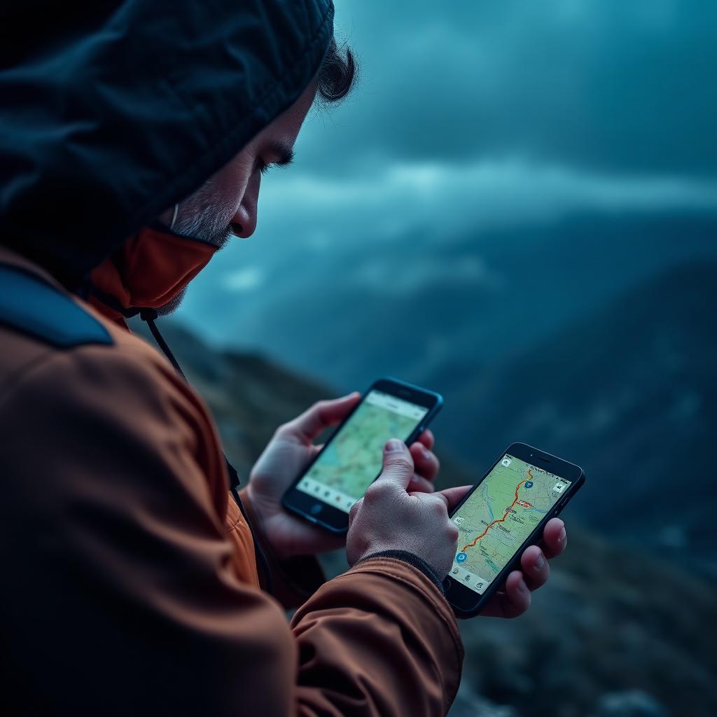 Senderista en la montaña asturiana consultando una ruta geolocalizada en el móvil