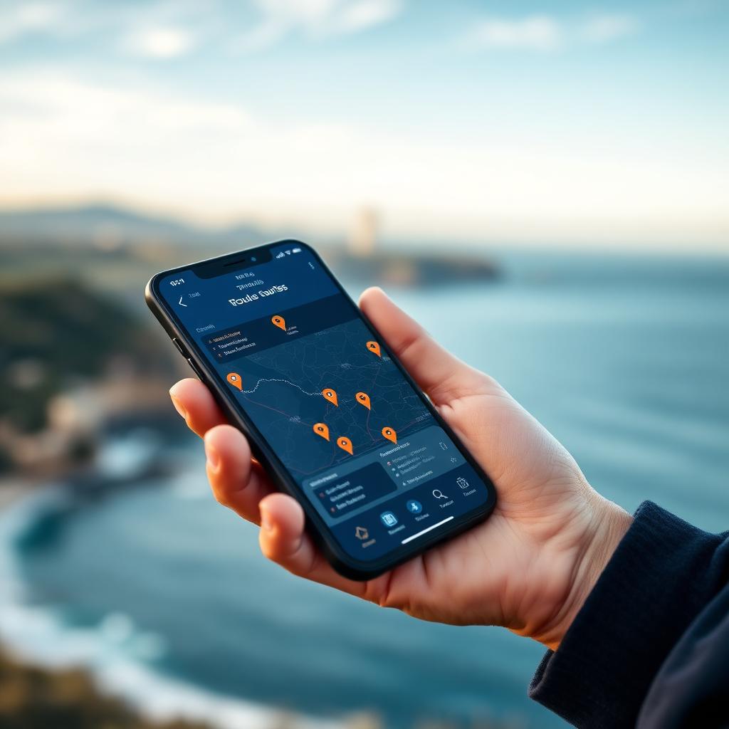 Mano sosteniendo un móvil con la app AVT mostrando un mapa con puntos de interés