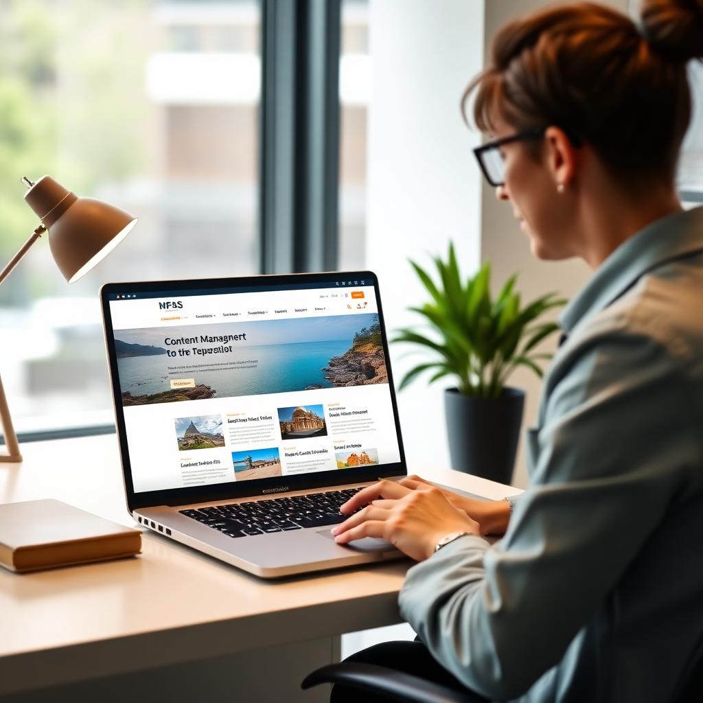 Personal municipal actualizando un portal turístico en un ordenador portátil